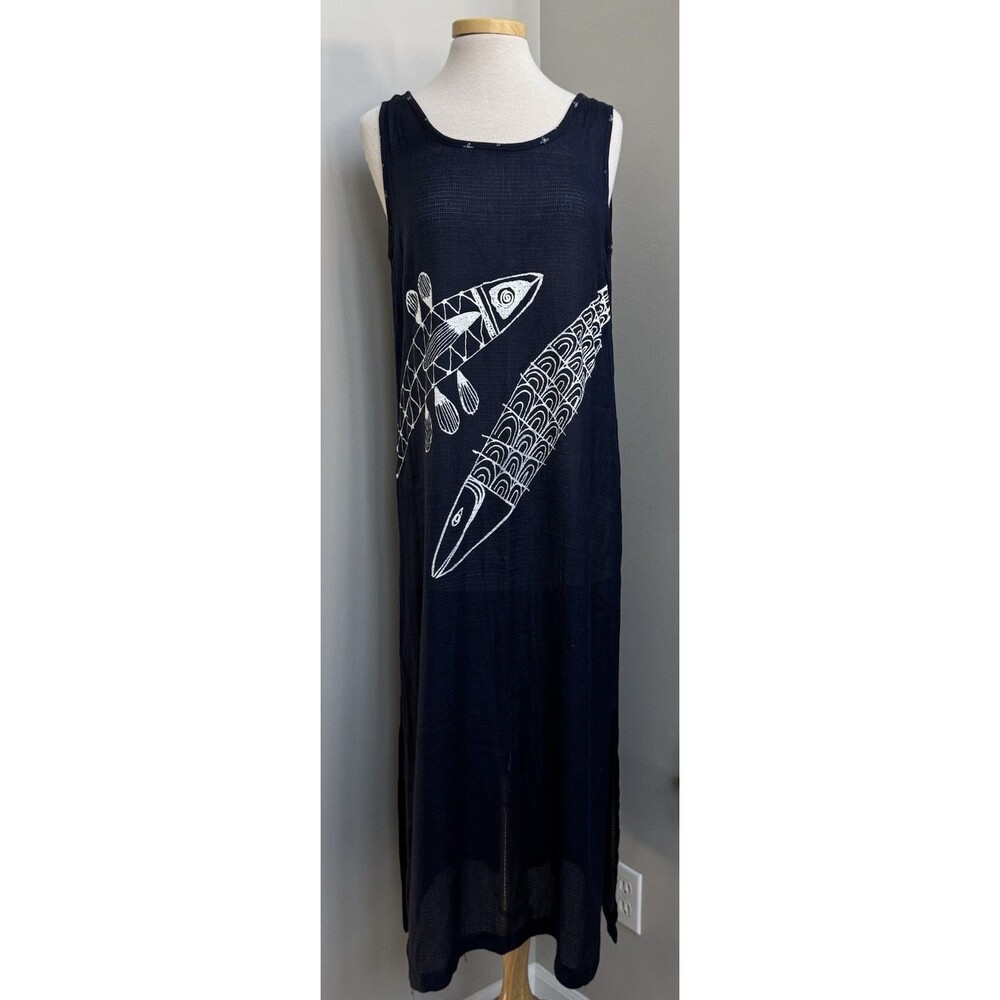 K.d. Spring Ladies MED Summer Vacation Long Navy Dress/Swim Cover, White Fish